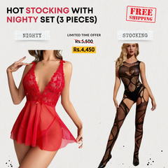 Red Nighty with Panty + Body Stocking (3 Pieces)