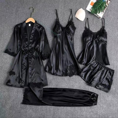 6 Piece Romantic Bridal Night Suit for Women and Girls 100% Premium Silk Set