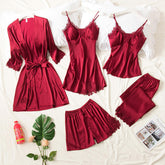 6 Piece Romantic Bridal Night Suit for Women and Girls 100% Premium Silk Set
