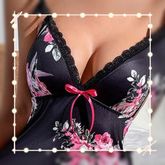 Lace Bow Side Split Women's Nighty - Floral Slip Comfortable Night Dress
