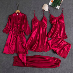 6 Piece Romantic Bridal Night Suit for Women and Girls 100% Premium Silk Set