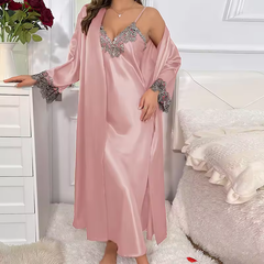 Womens Lace Dressing Gown 2 Piece Nightwear Set Long Sleepwear