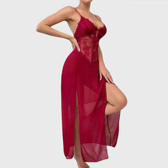 Long Nightgown Lace Bow Hollow-Out Long Dress Built-In Bra with Underwear