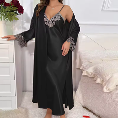 Womens Lace Dressing Gown 2 Piece Nightwear Set Long Sleepwear