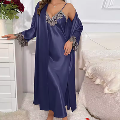 Womens Lace Dressing Gown 2 Piece Nightwear Set Long Sleepwear