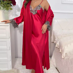 Womens Lace Dressing Gown 2 Piece Nightwear Set Long Sleepwear