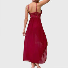 Long Nightgown Lace Bow Hollow-Out Long Dress Built-In Bra with Underwear