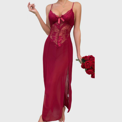 Long Nightgown Lace Bow Hollow-Out Long Dress Built-In Bra with Underwear