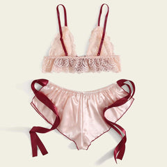 Lace Sexy Pajamas Satin Sleepwear Bra Women Lingerie Wireless Shorts