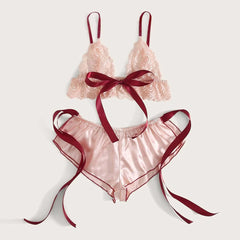 Lace Sexy Pajamas Satin Sleepwear Bra Women Lingerie Wireless Shorts